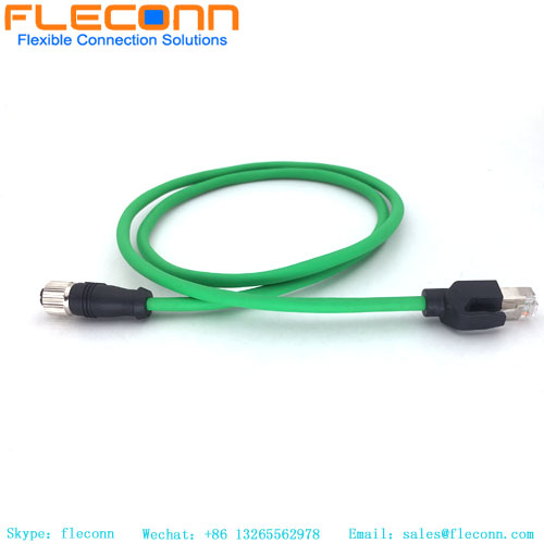 M12 4 Position D-Coded Female to RJ45 Cable Assembly, Cat6 SFTP 24 AWG with Green PUR Jacket