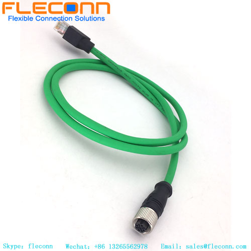 M12 4 Pin D-Coded Female to RJ45 Cable， Cat6 Shielded High Flex Industrial Network
