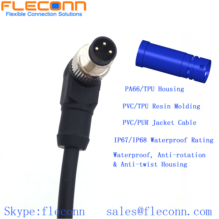 M8 3 Pin Male Connector Cable 90 Degree Angle Overmoulded 