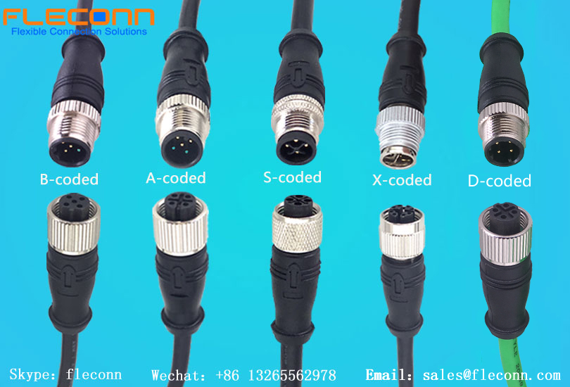 FLECONN can produce and overmold IP67 IP68 waterproof rating m12 cable assemblies with m12 a-coded connector, m12 b-coded connector, m12 c-coded connector, m12 d-coded connector, m12 k-coded connector, m12 L-code connector, m12 S-coded connector, m12 T-coded connector, M12 X-coded connector etc. These m12 connector cables are classified as m12 3 pin cable, m12 4 pin cable, m12 5 pin cable, m12 6 pin cable, m12 8 pin cable, m12 12 pin cable, m12 17 pin cable by contacts number. All these m12 cable assemblies have male and female connector gender available, straight and right angle molded type available. Cable jacket may be PVC or PUR resin according to customer applications. M12 cable assembly is widely used in the fields of industry automation sensor and actuator system, Outdoor LED light connection, security survailance camera cable connection, superspeed industry camera video transmission, automotive sensor connection cable etc.