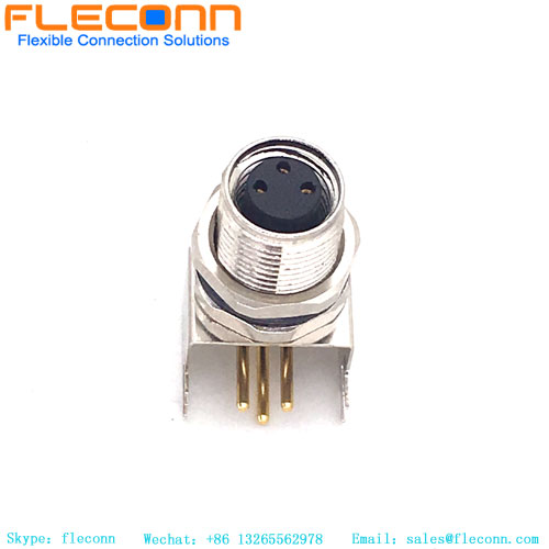 M8 3 Pin Female PCB Panel Mount Connector， 90 Degree Right Angled Pins